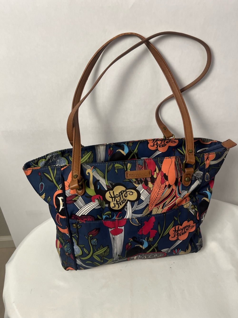 Sakroots Navy Floral Tote with Brown Straps